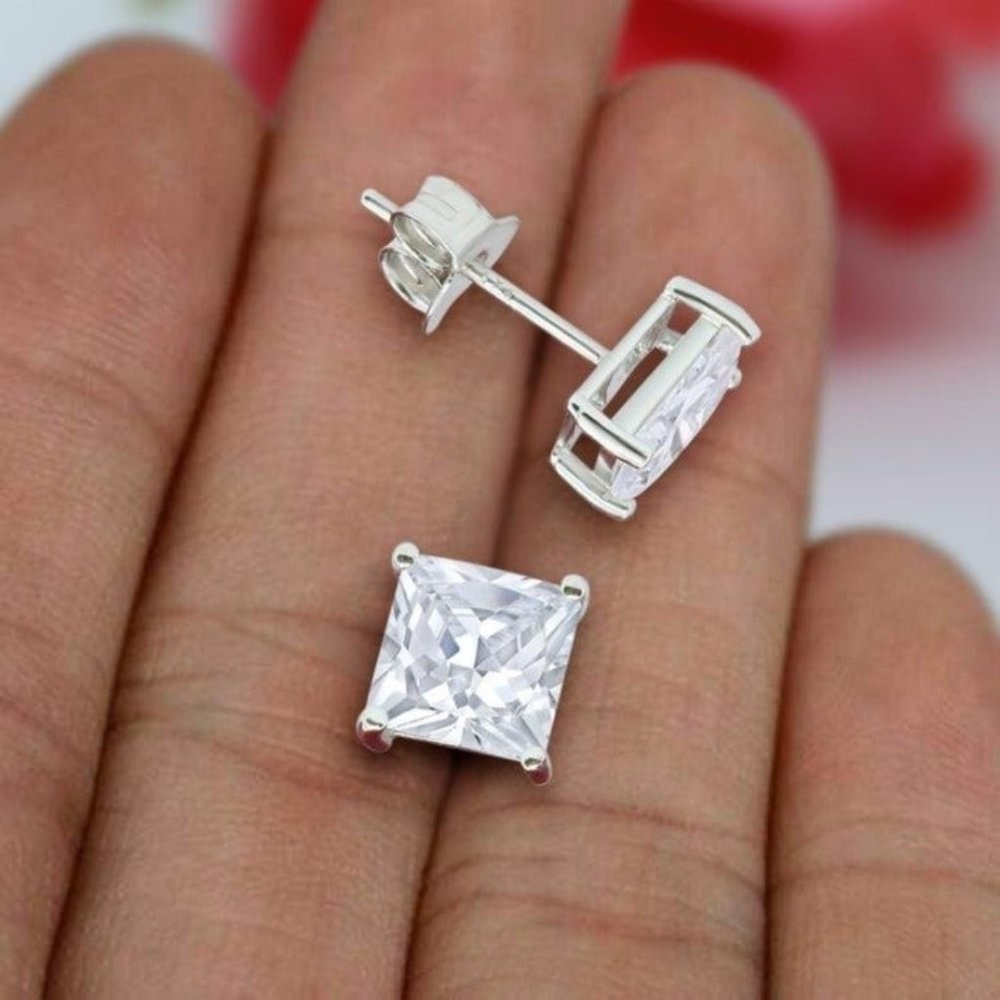 18k White Gold 7mm Diamond Princess Cut 3.00 Ct. Stud Earrings